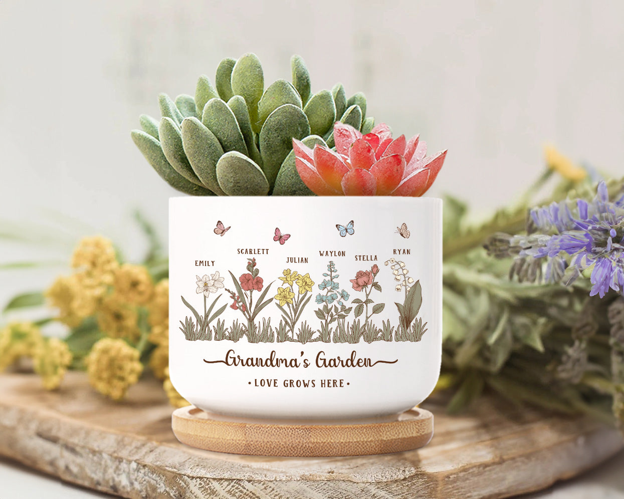 Personalized Grandma's Garden Ceramic Plant Pot, Custom Birth Flower Plant Pot, Mother's Day Gift, Grandma Gift From Grandkids