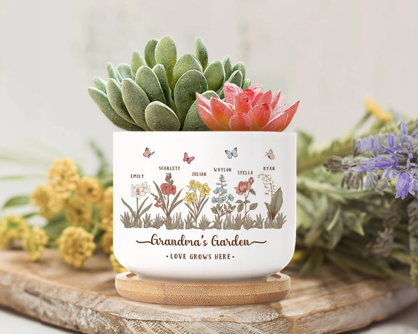 Personalized Grandma's Garden Ceramic Plant Pot, Custom Birth Flower Plant Pot, Mother's Day Gift, Grandma Gift From Grandkids