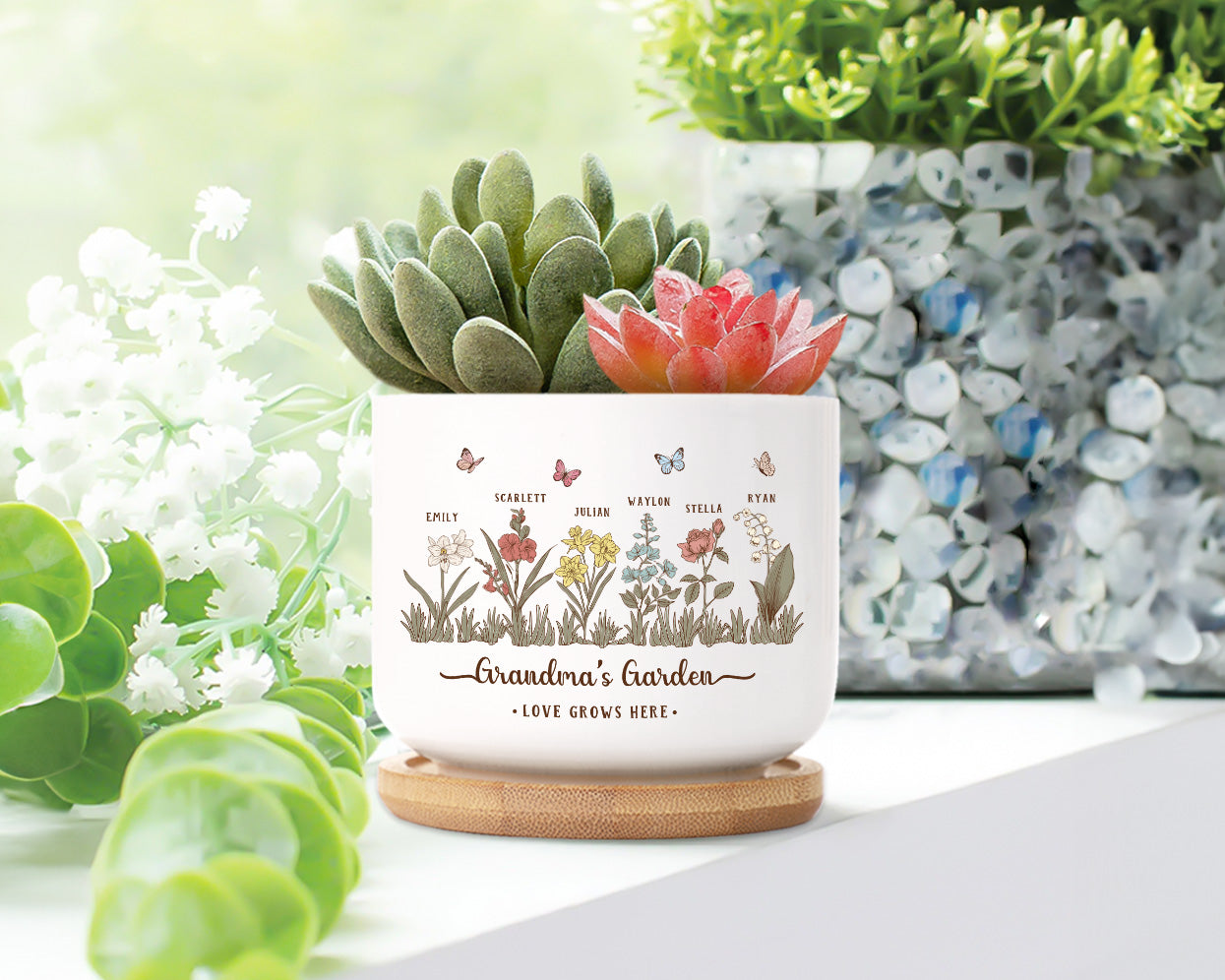 Personalized Grandma's Garden Ceramic Plant Pot, Custom Birth Flower Plant Pot, Mother's Day Gift, Grandma Gift From Grandkids Main image