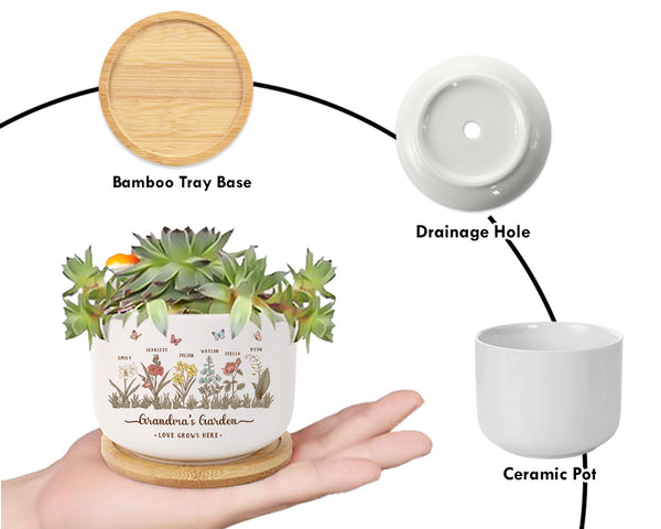Personalized Grandma's Garden Ceramic Plant Pot, Custom Birth Flower Plant Pot, Mother's Day Gift, Grandma Gift From Grandkids