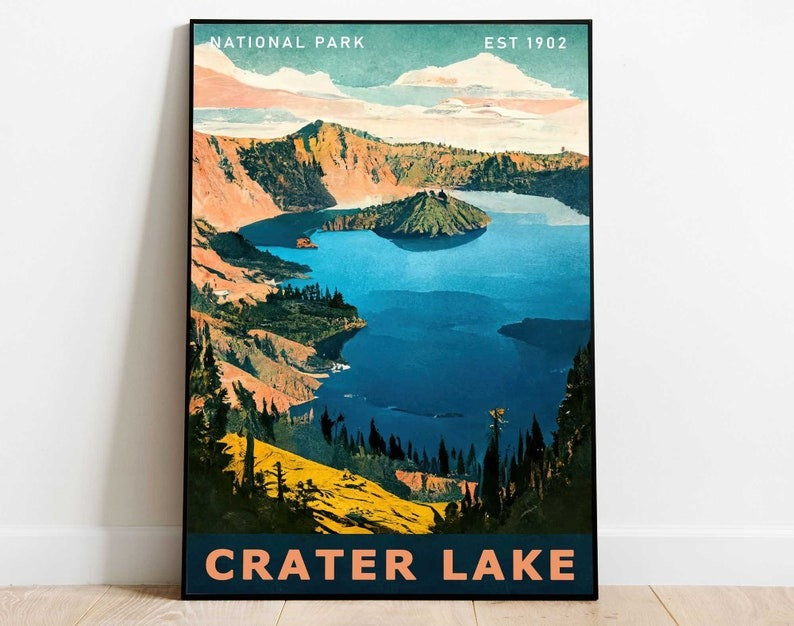 Crater Lake National Park Travel Poster, Oregon Wall Art, American National Parks Art, Hiking Poster, Nature Lover Art, Adventure Wall Art Main image