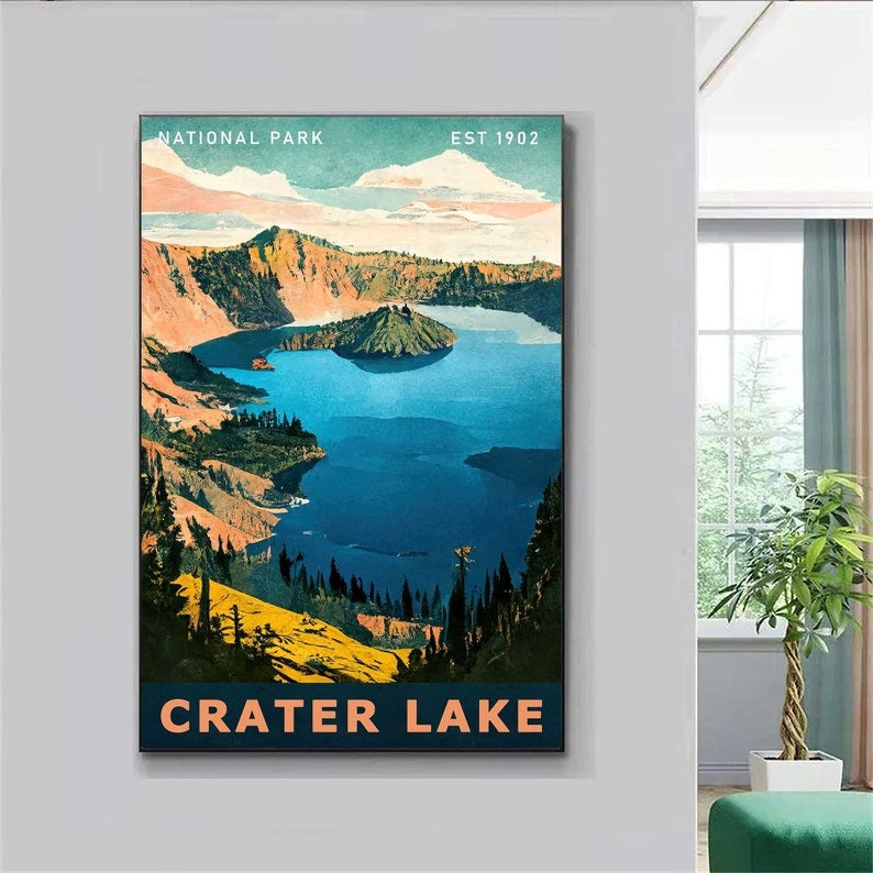 Crater Lake National Park Travel Poster, Oregon Wall Art, American National Parks Art, Hiking Poster, Nature Lover Art, Adventure Wall Art Secondary image
