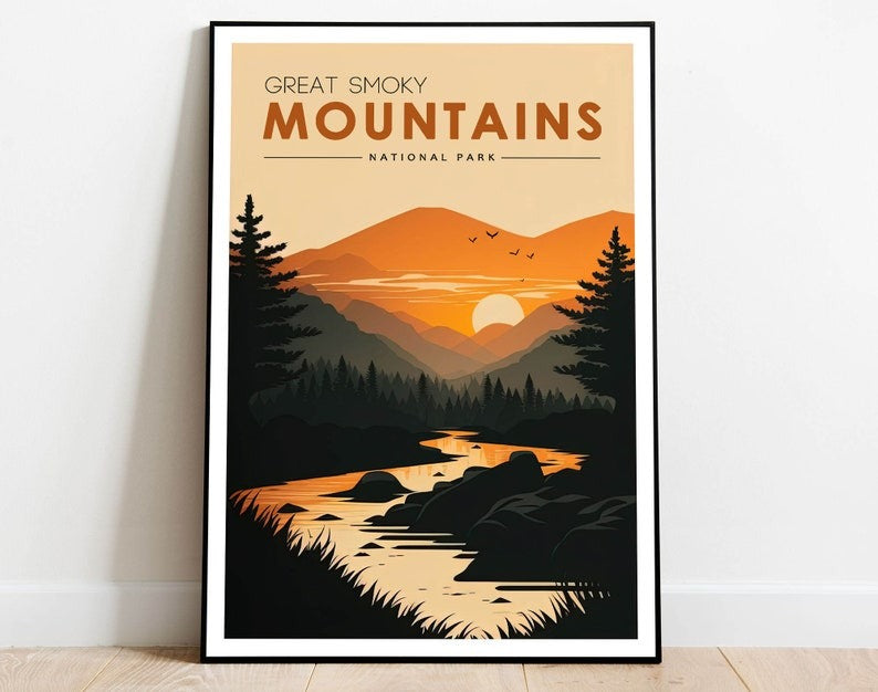 Great Smoky Mountains National Park Poster, Sunset Wall Art, Carolina Tennessee Poster, US National Parks Travel Poster, Adventure Wall Art Main image