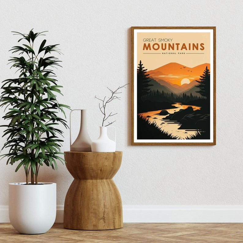 Great Smoky Mountains National Park Poster, Sunset Wall Art, Carolina Tennessee Poster, US National Parks Travel Poster, Adventure Wall Art Secondary image