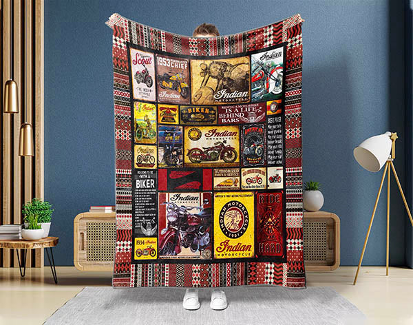Vintage Indian Motorcycle Blanket, Biker Blanket, Motorbike Fleece Sherpa Blanket, American Motorcycle Blanket, Retro Motorcycle Blanket Main image