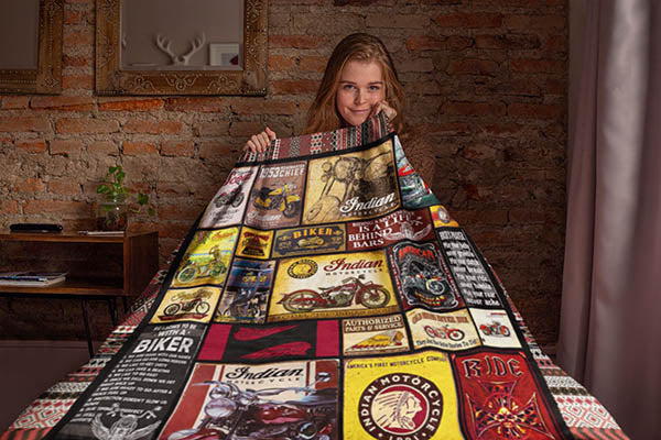 Vintage Indian Motorcycle Blanket, Biker Blanket, Motorbike Fleece Sherpa Blanket, American Motorcycle Blanket, Retro Motorcycle Blanket Secondary image
