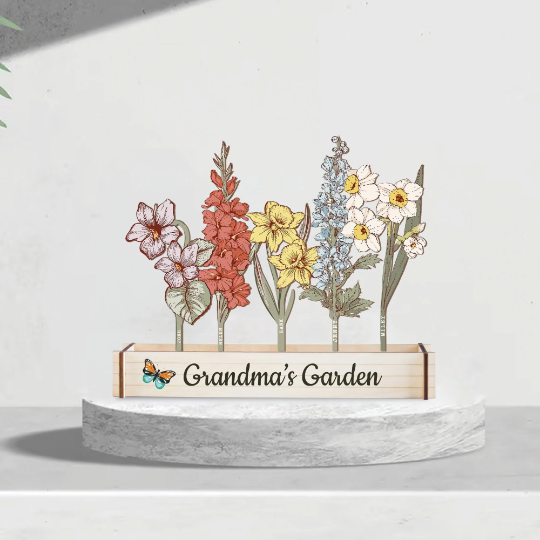 Personalized Laser Engraved Birth Flowers Garden, Grandma's Garden Gift, Wooden Flower Decor, Gifts for Mom, Mother's Day Gift Main image