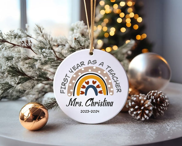 First Year As A Teacher Gift, Custom Name Teacher Ornament, Rainbow Teacher Ornament, Christmas Teacher Ornament, New Teacher Ornament