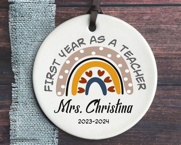 First Year As A Teacher Gift, Custom Name Teacher Ornament, Rainbow Teacher Ornament, Christmas Teacher Ornament, New Teacher Ornament