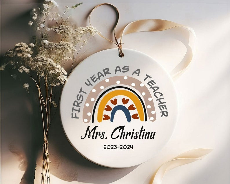First Year As A Teacher Gift, Custom Name Teacher Ornament, Rainbow Teacher Ornament, Christmas Teacher Ornament, New Teacher Ornament Main image