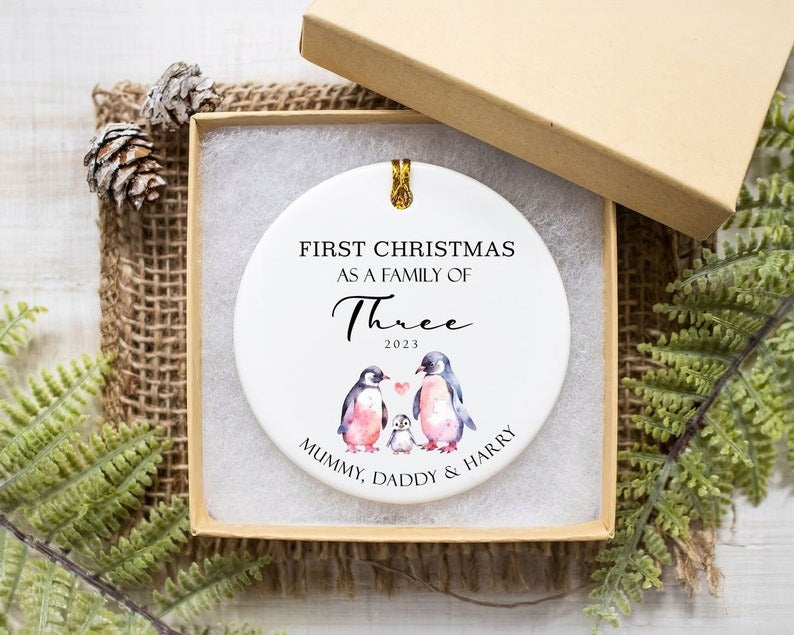 Personalised First Christmas as a Family Decoration, Keepsake Christmas Bauble Gift Ceramic Ornament, Baby's First Christmas Decoration Main image