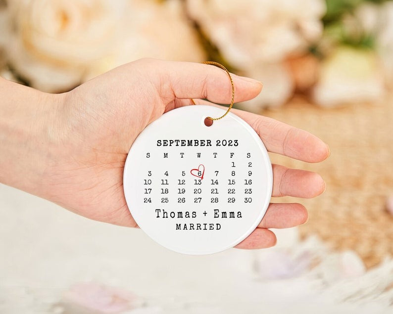 Married Ornament, Wedding Gift, Wedding Date ornament, Heart Calendar, Anniversary Gift, Our First Christmas, Newlywed Gift, Engagement Gift Main image