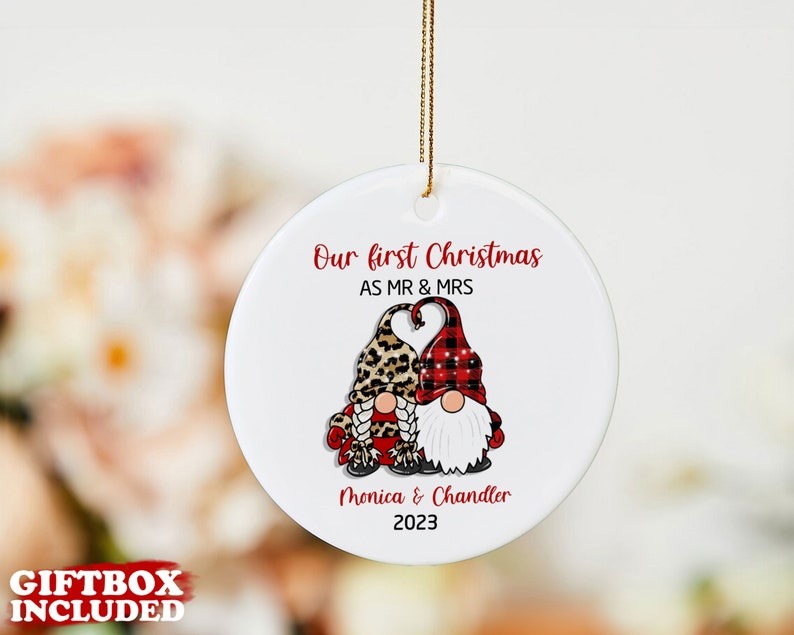 Mr and Mrs Christmas Ornament, Christmas Gnomes Couple Gift, Our First Christmas 2023 Ornament, Personalized Wedding Gift, Newlywed Gift Secondary image