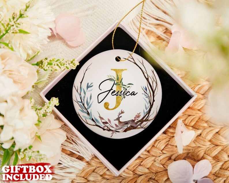 Custom Letter Name Christmas Ornament, Baby's First Christmas Ornament, Custom Name Baby Ornament, Christmas Reindeer Ornament Main image