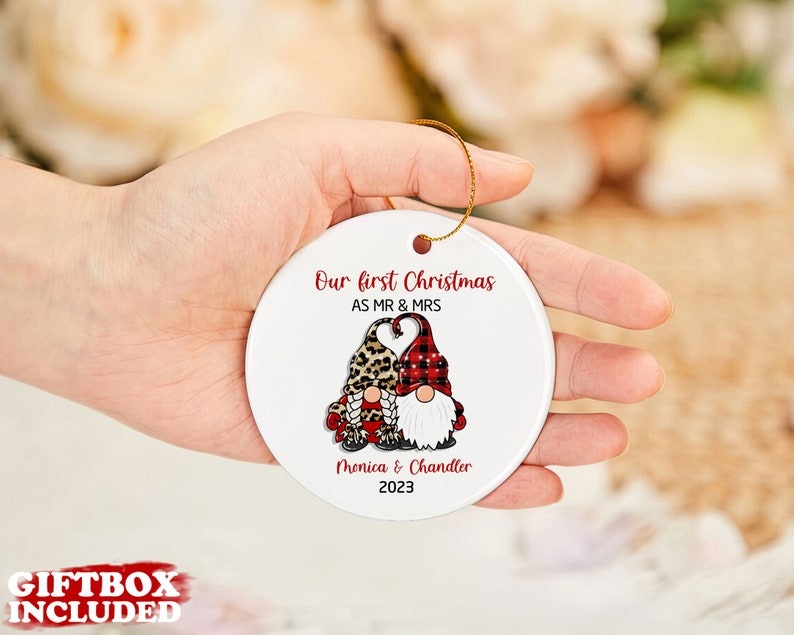Mr and Mrs Christmas Ornament, Christmas Gnomes Couple Gift, Our First Christmas 2023 Ornament, Personalized Wedding Gift, Newlywed Gift Main image