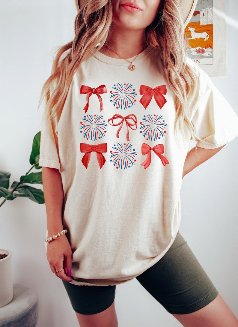 Coquette 4th of July Bow T Shirt, Soft Girl Patriotic TShirt, Cute Independence Day Tee, American Girly Gift, Fourth of July Country Main image