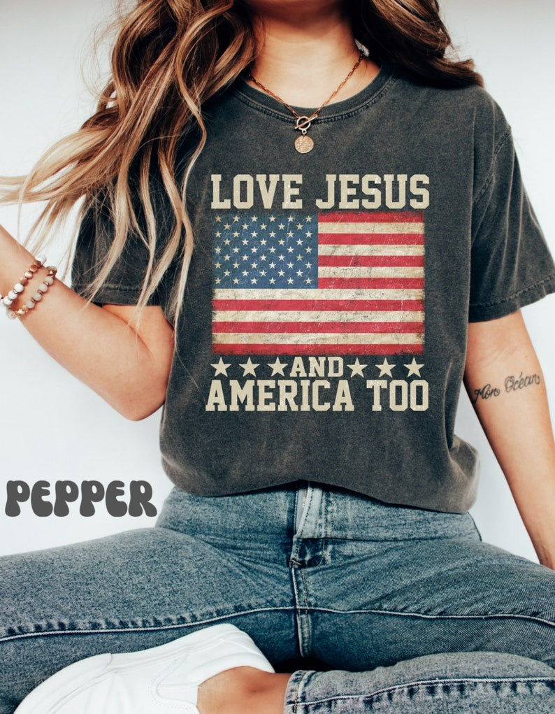 Loves Jesus and America Too T shirt, Spiritual WomenTee, Religions Tshirt, Gifts for Religious Friends Love like Jesus, I Love Jesus Shirt Main image