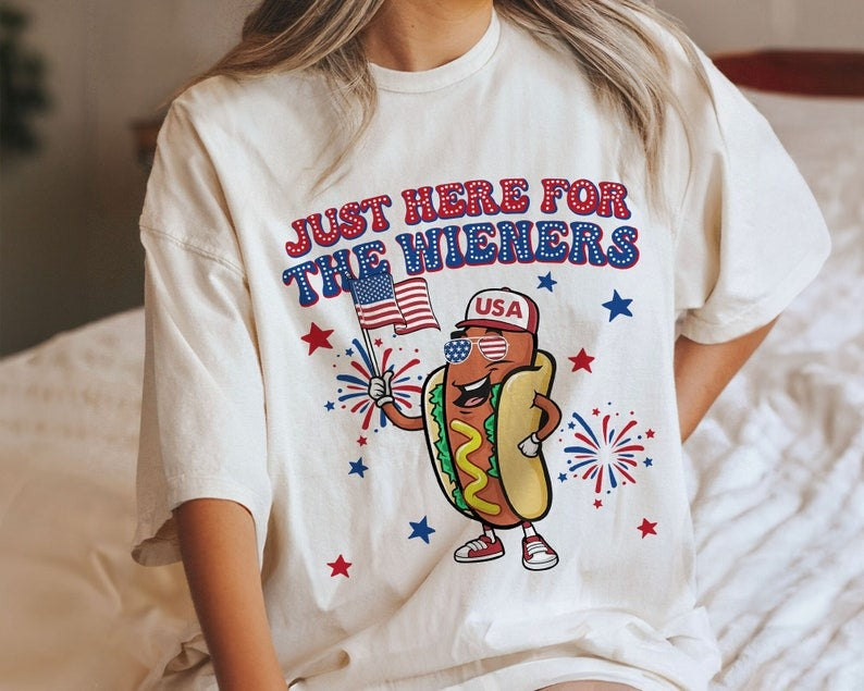 Just Here For The Wieners Shirt, 4th Of July Shirts, Gift For Independence Day, 4th of July Funny Hot Dog, Retro USA Shirts, Retro America Main image