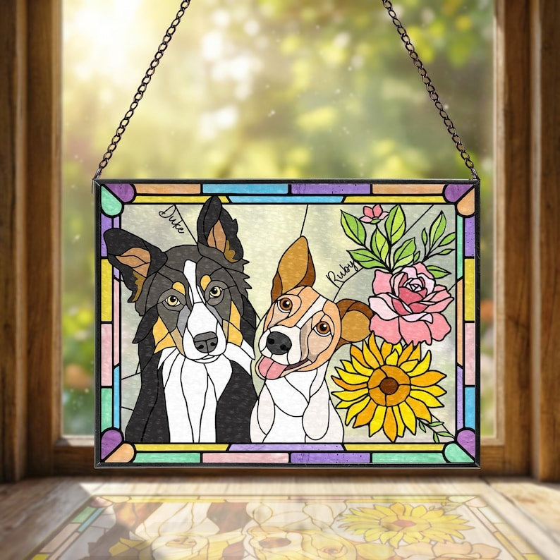 Custom Multiple Pets Portrait Glass Suncatcher, Dogs Memorial Gift, Dog Lover Gift Main image