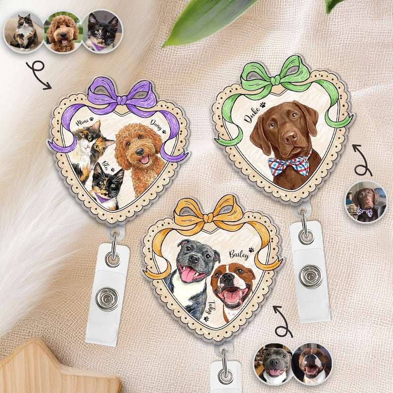 Custom Dog Portrait Badge Reel, Pet Portrait From Photo Gift, Pet Memorial Gift