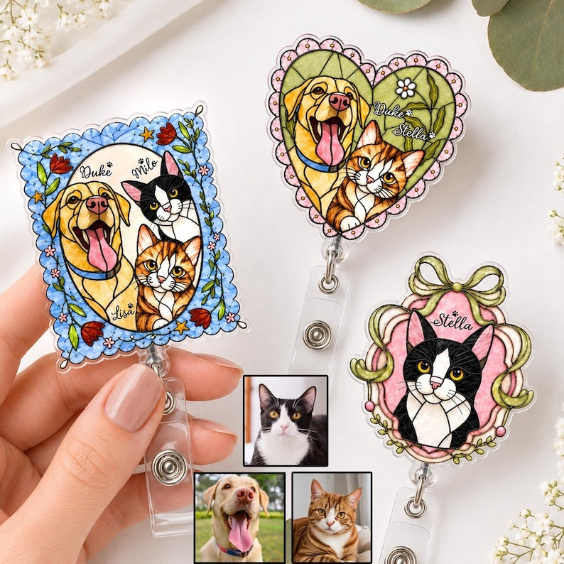 Personalized Pet Portrait Badge Reel, Custom Dog Portrait Gift, Pet Memorial Gift, Dog Lover Gift Main image