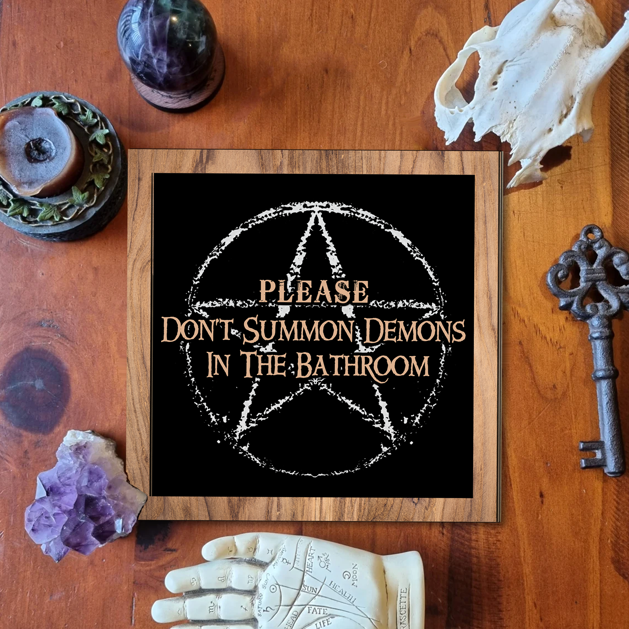 Please Don't Summon Demons in The Bathroom Sign, Funny Bathroom Decor, Halloween Wood Sign, Gothic Home Decor, Halloween Decoration Secondary image