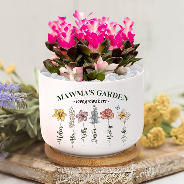 Personalized Birth Flowers Ceramic Plant Pot, Custom Grandma's Garden Plant Pot, Mother's Day Gift, Grandma Gift From Grandkids