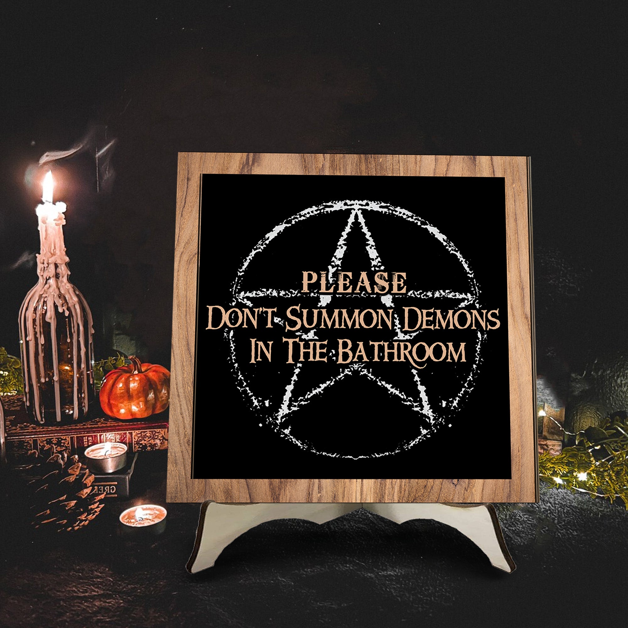 Please Don't Summon Demons in The Bathroom Sign, Funny Bathroom Decor, Halloween Wood Sign, Gothic Home Decor, Halloween Decoration