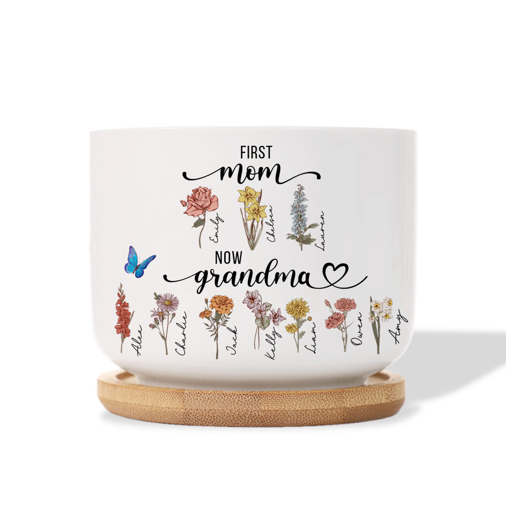 Personalized First Mom Now Grandma Ceramic Plant Pot, Custom Birth Flowers Plant Pot, Grandma's Garden Gift, Mother's Day Gift