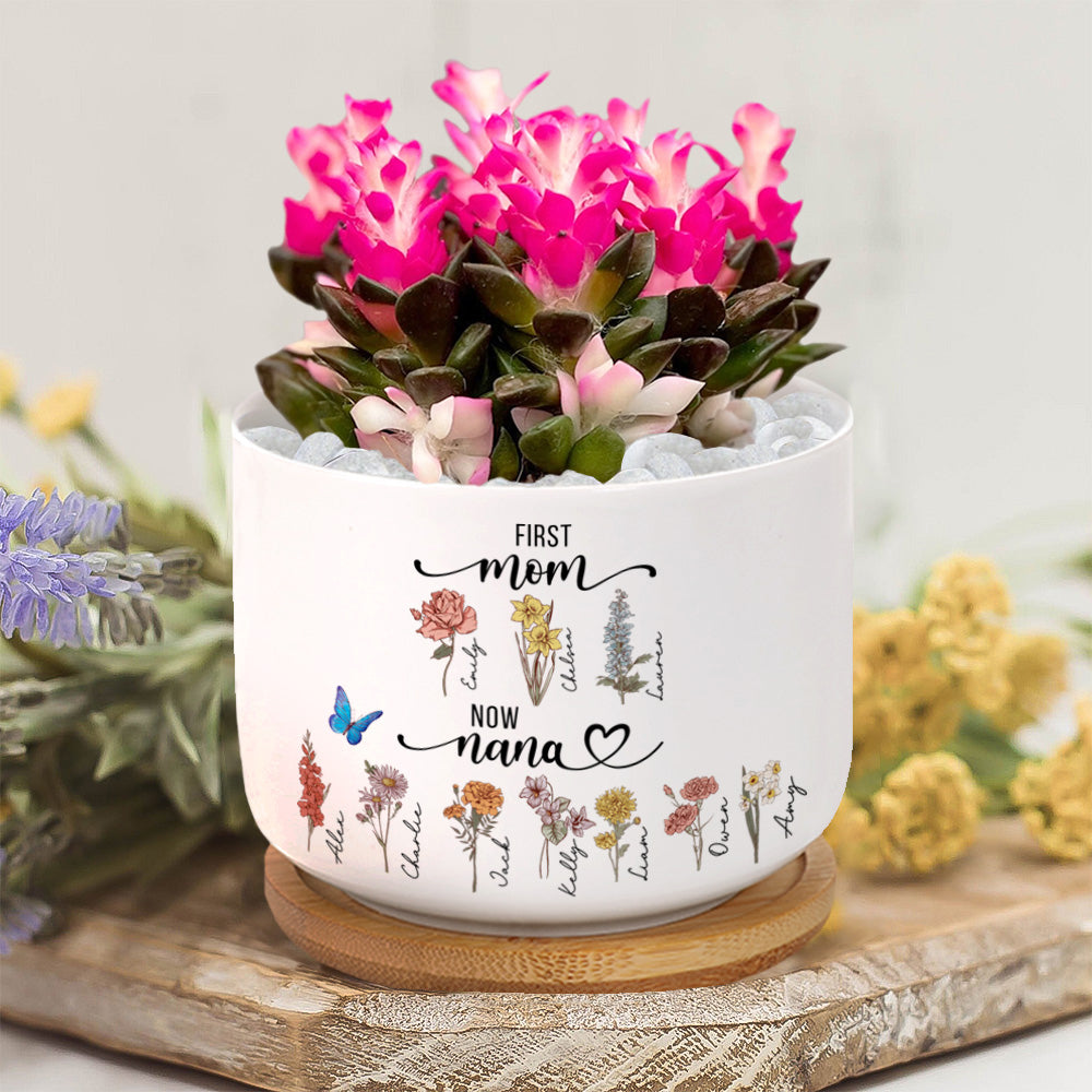 Personalized First Mom Now Grandma Ceramic Plant Pot, Custom Birth Flowers Plant Pot, Grandma's Garden Gift, Mother's Day Gift Main image