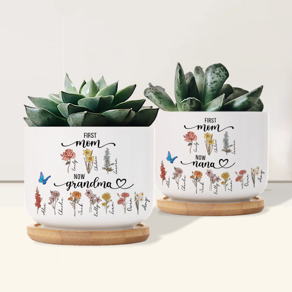 Personalized First Mom Now Grandma Ceramic Plant Pot, Custom Birth Flowers Plant Pot, Grandma's Garden Gift, Mother's Day Gift